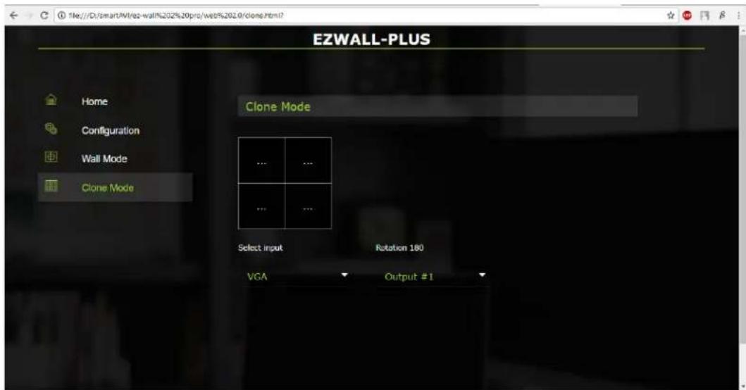 EZWALL-PLUS Home Configuration Wall Mode Clone Mode Clone Mode ... ... ... ... Select input Rotation 180 VGA Output #1