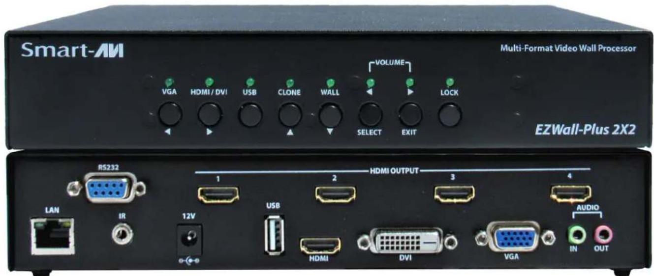 Smart-AM Multi-Format Video Wall Processor VGA HDMI / DVI USB CLONE WALL VOLUME SELECT EXIT LOCK EZWall-Plus 2X2 RS232 1 2 HDMI OUTPUT 3 4 LAN IR 12V USB HDMI DVI VGA AUDIO IN OUT