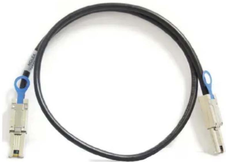 Coiled black fiber optic cable with metallic connectors and blue-labeled connector (no text or symbols visible)