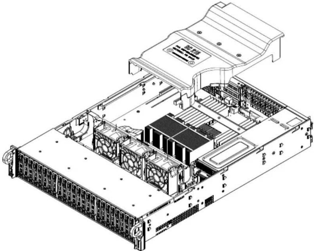 Technical line drawing of a server rack with internal components and ventilation ducts (no text or labels)