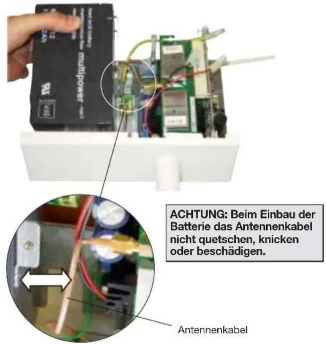 ACHTUNG: Beim Einbau der Batterie das Antennenkabel nicht quetschen, knicken oder beschädigen. Antennenkabel