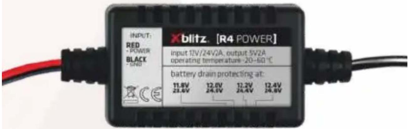 INPUT: RED - POWER BLACK - SN0 Xblitz. [R4 POWER] input 12V/24V/2A, output 5V/2A operating temperature -20-60 °C battery drain protecting at: 11.8V 23.6V 12.6V 24.6V 12.2V 24.4V 12.4V 24.8V