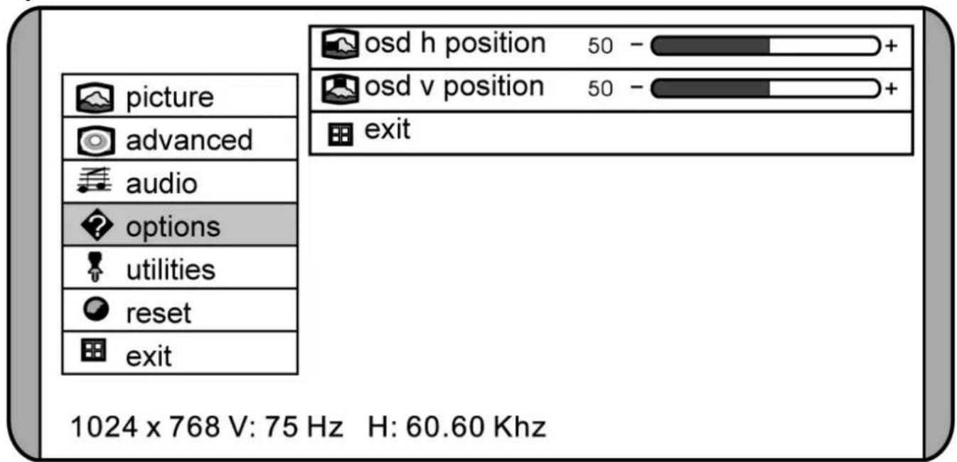 osd h position 50 - osd v position 50 - picture advanced audio options utilities reset exit exit 1024 x 768 V: 75 Hz H: 60.60 Khz