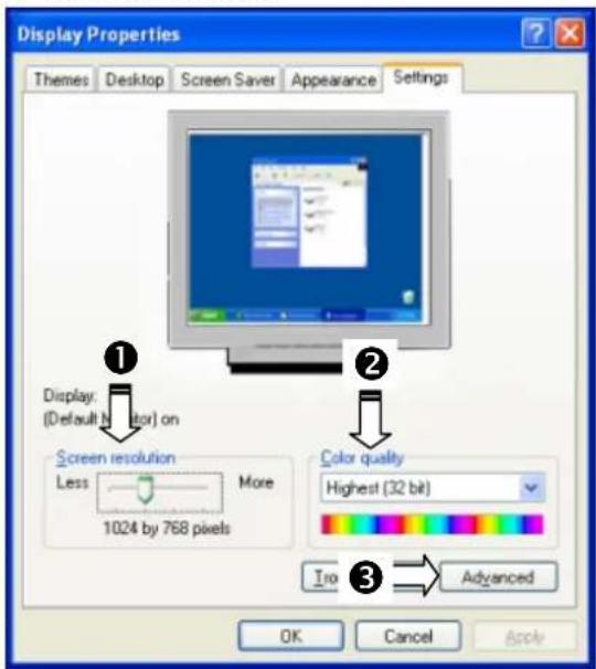 Display Properties Themes Desktop Screen Saver Appearance Settings ① Display (Default N i ttor) on Screen resolution Less More 1024 by 768 pixels ② Color quality Highest (32 bit) ③ Advanced Tro Cancel Apply OK Cancel Apply