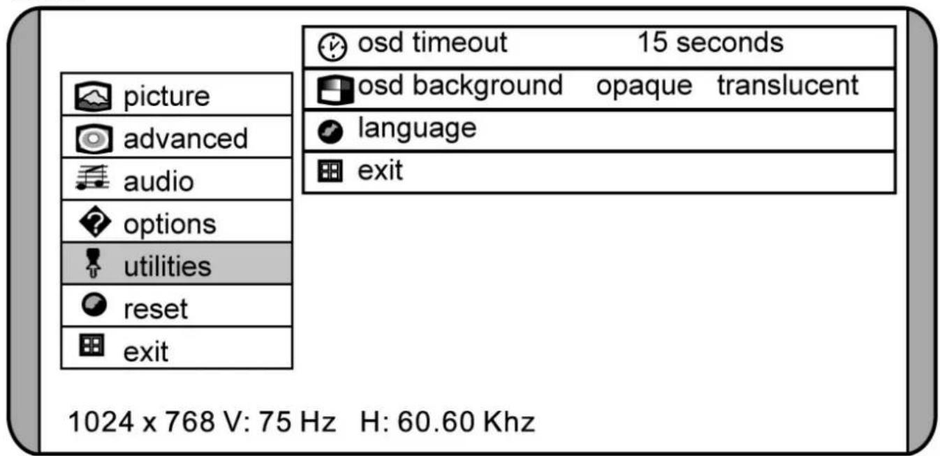 osd timeout 15 seconds osd background opaque translucent language exit picture advanced audio options utilities reset exit 1024 x 768 V: 75 Hz H: 60.60 Khz