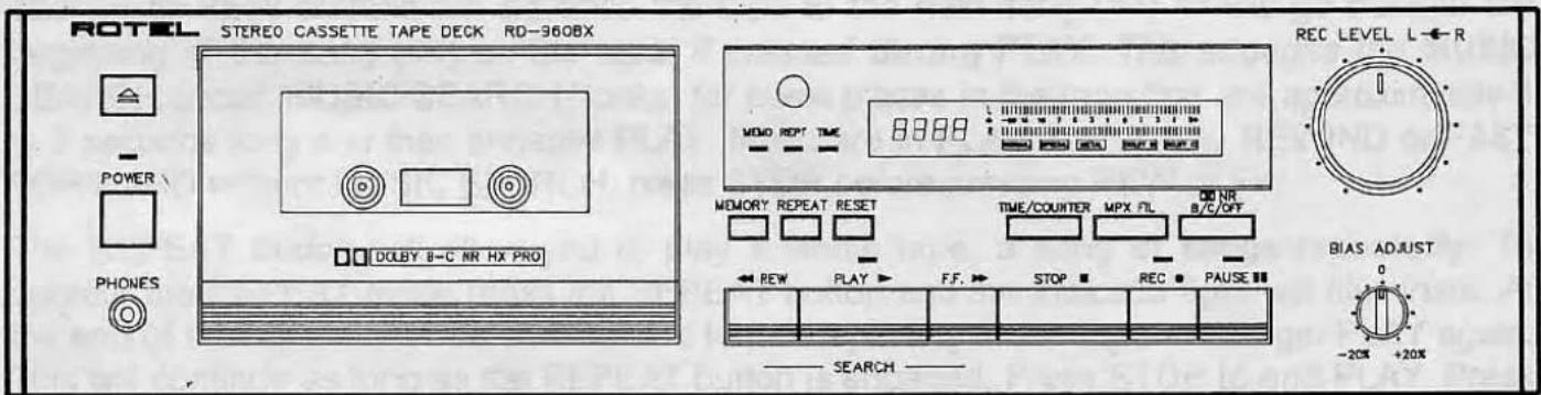 ROTTEL STEREO CASSETTE TAPE DECK RD-360BX POWER PHONES DOLBY B-C NR HX PRO MEMORY REPEAT RESET MEMORY REPEAT RESET TIME/COUNTER MPX FIL NR B/C/OFF REW PLAY F.F. STOP REC PAUSE —— SEARCH ——— REC LEVEL L←R BIAS ADJUST 0 -20% +20%