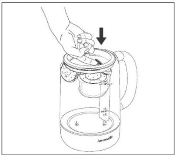 Diagram showing a hand pouring liquid into a water heater with a downward arrow indicating the process.
