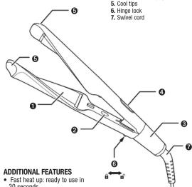 3. Cool tip 6. Hinge lock 7. Swivel cord 4 5 6 7 8 9 10 11 12 13 14 15 16 17 18 19 20 ADDITIONAL FEATURES • Fast heat up: ready to use in -30 seconds.