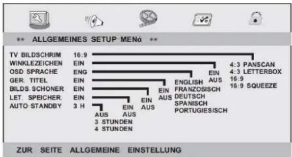 TV BILDSCHRIM 16:9 WINKLEZEICHEN EIN OSD SPRACHE ENG GER. TITEL EIN BILDS SCHONER EIN LET. SPEICHER. EIN AUTO STANDBY 3 H AUS AUS 3 STUNDEN 4 STUNDEN EIN AUS EIN AUS ENGLISH FRANZOSISCH DEUTSCH SPANISCH PORTUGIESISCH 4:3 PANSCAN 4:3 LETTERBOX 16:9 16:9 SQUEEZE ZUR SEITE ALLGEMEINE EINSTELLUNG