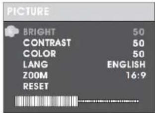 PICTURE BRIGHT 50 CONTRAST 50 COLOR 50 LANG ENGLISH ZOOM 16:9 RESET