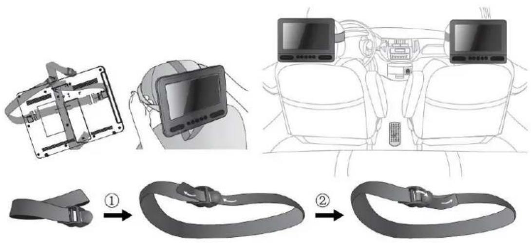 Diagram illustrating the step-by-step installation of a car seatbelt device, showing assembly from battery case to belt buckle.