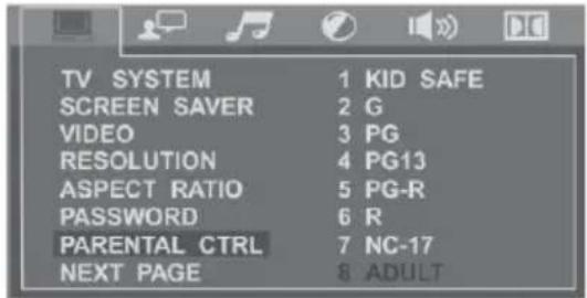 TV SYSTEM 1 KID SAFE SCREEN SAVER 2 G VIDEO 3 PG RESOLUTION 4 PG13 ASPECT RATIO 5 PG-R PASSWORD 6 R PARENTAL CTRL 7 NC-17 NEXT PAGE 8 ADULT