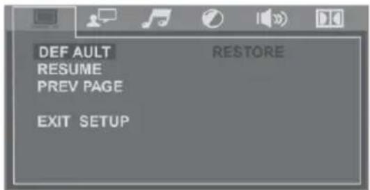 DEF AULT RESUME PREV PAGE EXIT SETUP RESTORE
