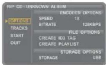 RIP CD - UNKNOWN ALBUM ENCODER OPTIONS SPEED 1X BITRATE 128KBPS FILE OPTIONS CREATE ID3 TAG CREATE PLAYLIST STORAGE OPTIONS STORAGE USB