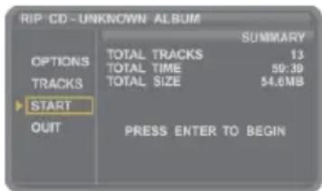 RIP CD -UNKNOWN ALBUM SUMMARY OPTIONS TOTAL TRACKS 13 TOTAL TIME 59:39 TRACKS TOTAL SIZE 54.6MB START OUT PRESS ENTER TO BEGIN