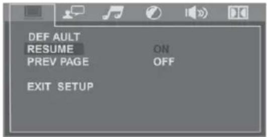 DEF AULT RESUME ON PREV PAGE OFF EXIT SETUP
