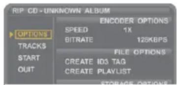 RIP CD -UNKNOWN ALBUM ENCODER OPTIONS SPEED 1X BITRATE 128KBPS FILE OPTIONS CREATE ID3 TAG CREATE PLAYLIST STORAGE OPTIONS