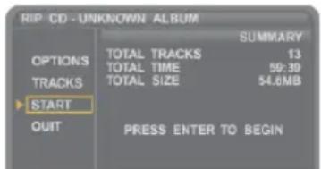 RIP CD -UNKNOWN ALBUM SUMMARY OPTIONS TOTAL TRACKS 13 TOTAL TIME 59:39 TRACKS TOTAL SIZE 54.6MB START QUIT PRESS ENTER TO BEGIN