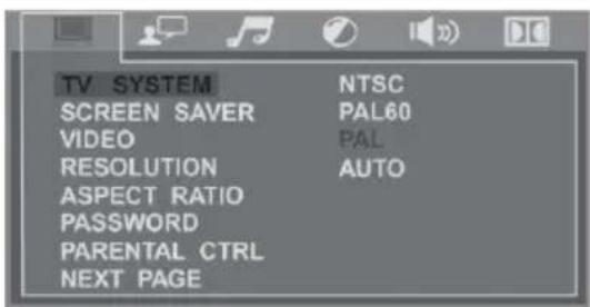 TV SYSTEM NTSC SCREEN SAVER PAL60 VIDEO PAL RESOLUTION AUTO ASPECT RATIO PASSWORD PARENTAL CTRL NEXT PAGE