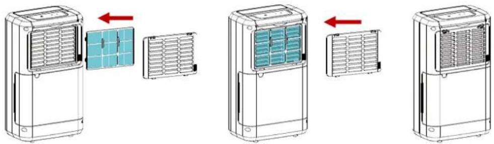 Diagram showing three stages of a solar air conditioner unit with cooling and ventilation panels, indicated by red arrows.