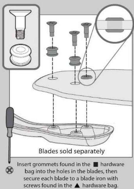 Blades sold separately Insert grommets found in the ■ hardware bag into the holes in the blades, then secure each blade to a blade iron with screws found in the ▲ hardware bag.