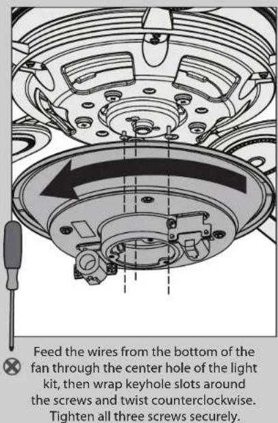 Feed the wires from the bottom of the fan through the center hole of the light kit, then wrap keyhole slots around the screws and twist counterclockwise. Tighten all three screws securely.