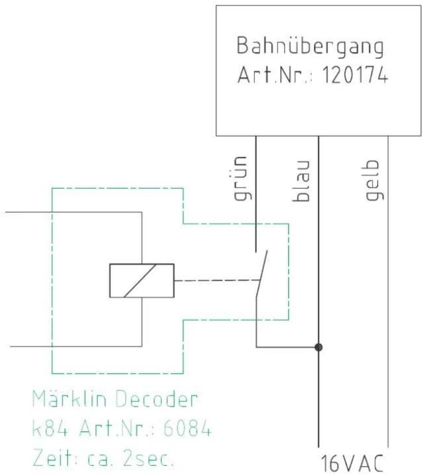 Bahnübergang Art.Nr.: 120174 grün blau gelb Märklin Decoder k84 Art.Nr.: 6084 Zeit: ca. 2sec. 16VAC