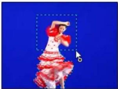 Performance dancer in red and white costume against blue background, no visible text or symbols