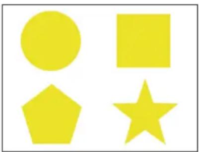 Four yellow geometric shapes (circle, square, pentagon, star) arranged in a 2x2 grid on white background (no text or symbols)