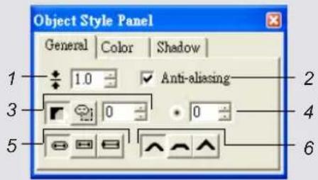 Object Style Panel General | Color | Shadow | 1 1.0 Anti-aliasing 3 0 0 5