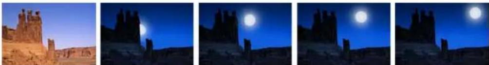 Five-panel sequence showing a desert landscape at night with silhouetted buildings and full moonlight (no text or symbols)