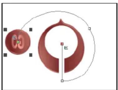 Abstract diagram with a red circular shape and a small inset showing a heart symbol, enclosed by curved lines and marked points (no text or labels)