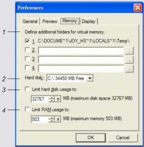 Preferences General | Preview | Memory | Display | 1 Define additional folders for virtual memory: ✓ 1. C:\DOCUME~1\JOY_HS~1\LOCALS~1\Temp\ □ 2. □ 3. □ 4. 2 Hard disk: C:\ 34450 MB Free ▼ 3 □ Limit hard disk usage to: 32767 × MB (maximum disk space 32767 MB) □ Limit RAM usage to: 503 × MB (maximum m…