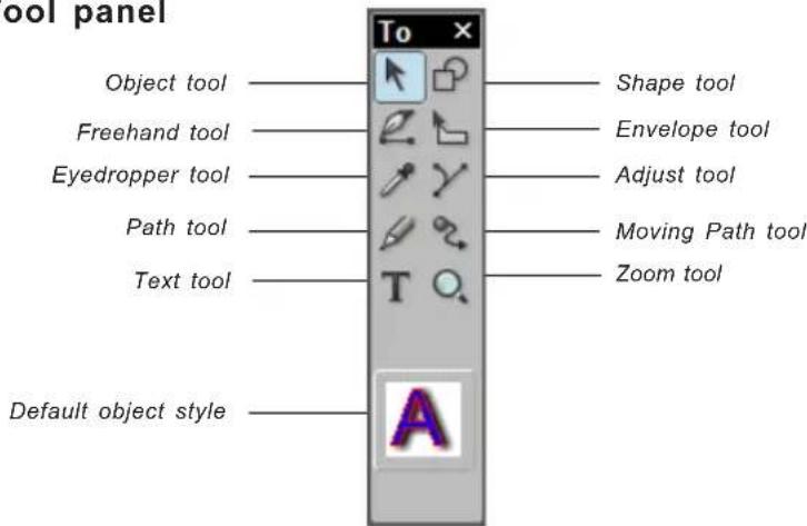 tool panel Object tool Freehand tool Eyedropper tool Path tool Text tool Default object style To Shape tool Envelope tool Adjust tool Moving Path tool Zoom tool