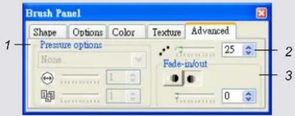 Brush Panel Shape Options Calcium Texture Advanced Pressure options None Fade-in/out 1 25 0 3