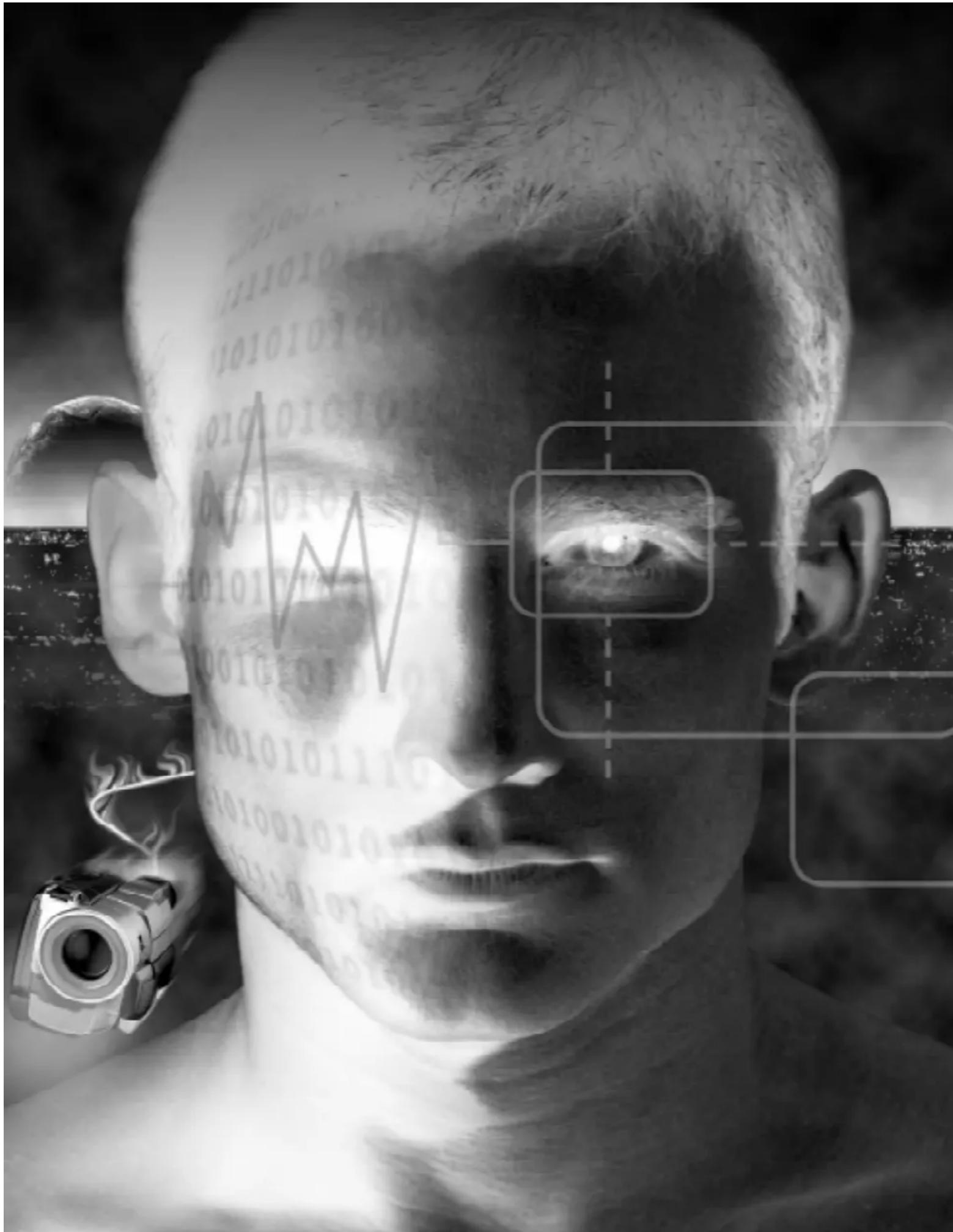 Black-and-white composite image of a person's face with overlaid digital data visualizations (no readable text or symbols)