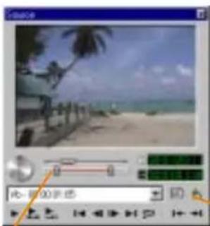 Screenshot of a video editing interface with a beach scene and playback controls, showing Chinese text labels.
