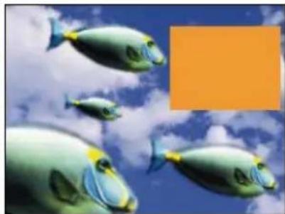 Illustration of five cartoon fish flying against a blue sky with clouds, next to an orange rectangular shape (no text or symbols)
