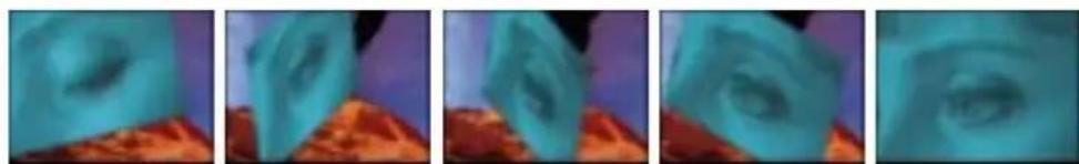 Sequence of five close-up photos showing a person's eye with blue filter effects, no text or symbols present