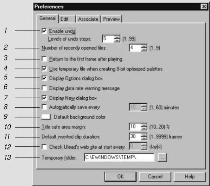 Preferences General Edit Associate Preview Enable undo Levels of undo steps: 5 (1..99) Number of recently opened files: 4 (1..9) Return to the first frame after playing Use temporary file when creating 8-bit optimized palettes Display Options dialog box Display data rate warning message Display New…