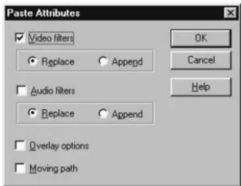 Paste Attributes ✓ Video filters ○ Replace ○ Append □ Audio filters ○ Replace ○ Append □ Overlay options □ Moving path OK Cancel Help