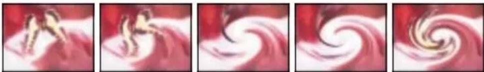 Five-panel illustration showing a figure in motion against a swirling red background, no text or symbols present.