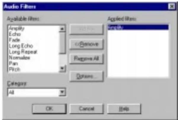 Audio Filters Available filters: Anplify Echo Fade Long Echo Long Repeat Nominalos Pan Pitch Applied filters: Set Up Remove Remove All Options... Category: All OK Cancel Help