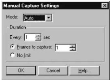 Manual Capture Settings Mode: Auto Duration Every: 1 sec Frames to capture: 1 No limit OK Cancel Help...