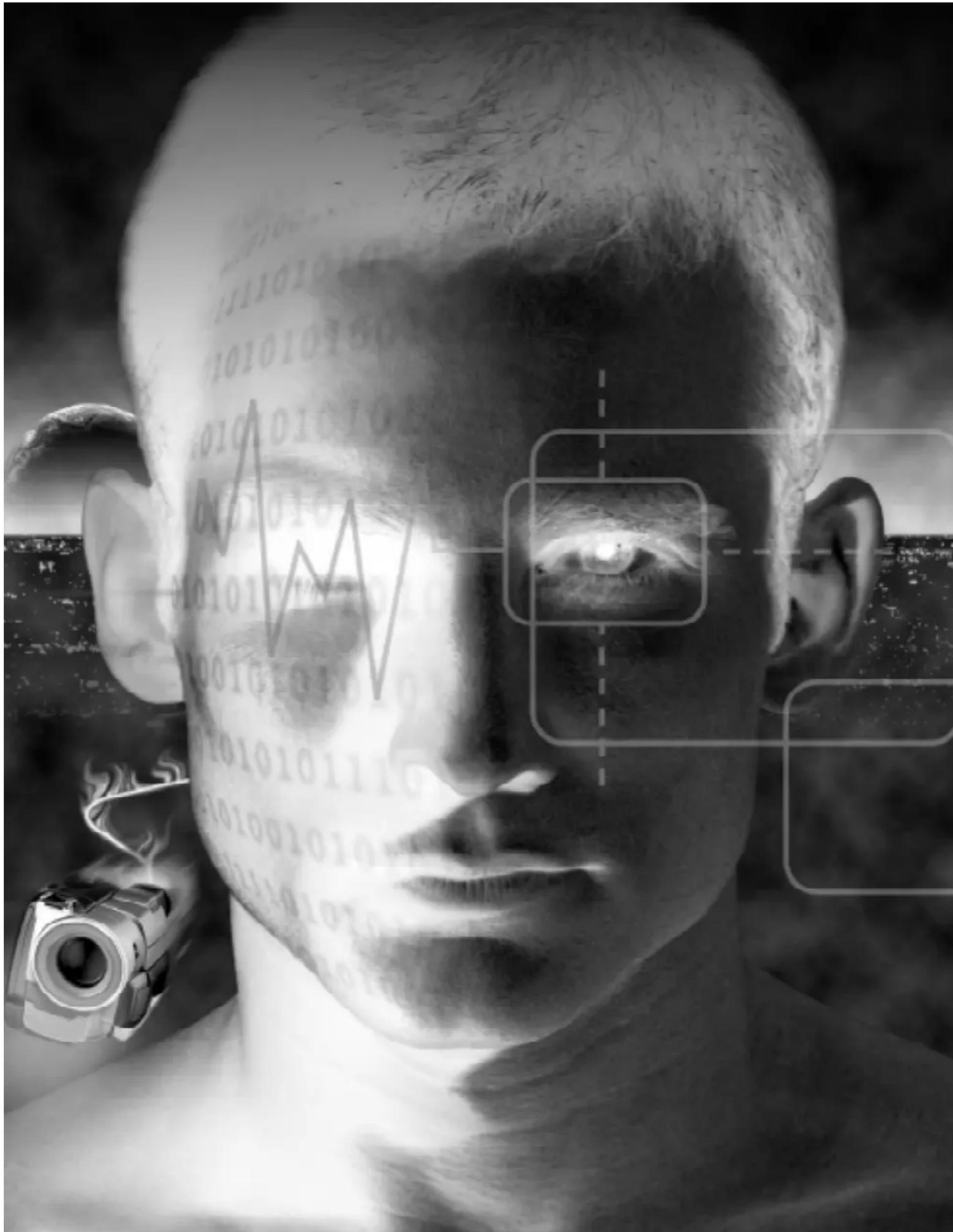 Black-and-white composite image featuring a person's face with binary code background and overlaid line graphs, likely representing data or security concept.