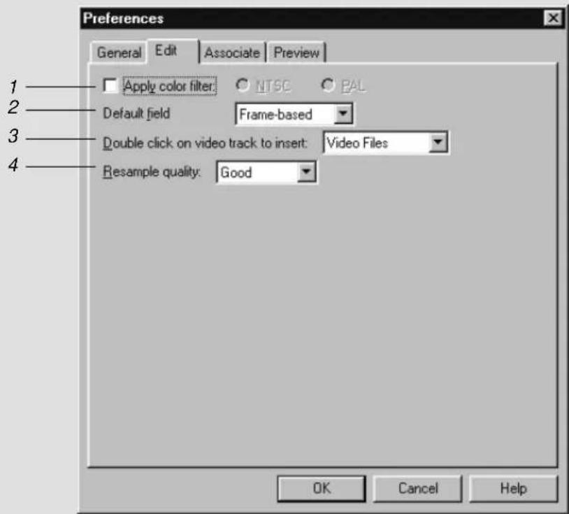 Preferences General Edit Associate Preview Apply color filter: NTSC PAL Default field Frame-based Double click on video track to insert: Video Files Resample quality: Good OK Cancel Help