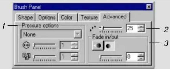 Brush Panel Shape Options Color Texture Advanced Pressure options None 25 Fade in/out 0 1 1 3