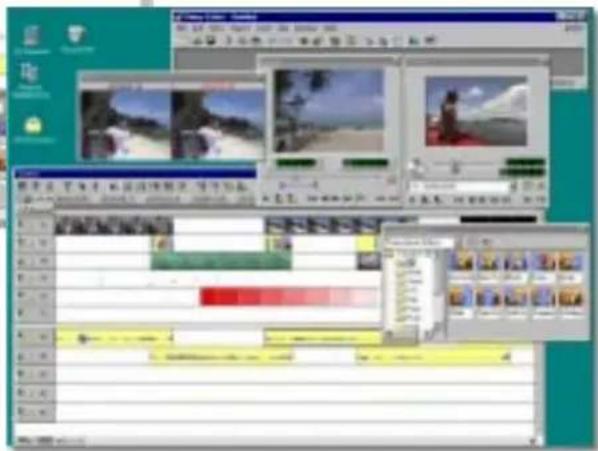 Screenshot of a video editing software interface with multiple video and audio tracks, showing timeline and preview thumbnails.