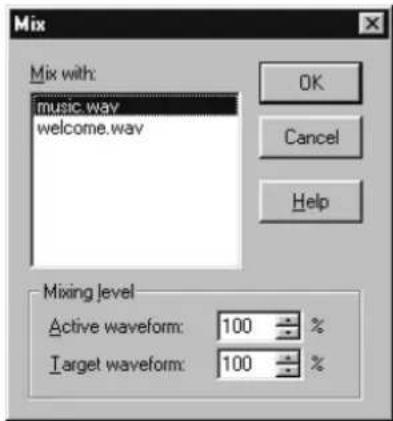 Mix Mix with: music.wav welcome.wav OK Cancel Help Mixing level Active waveform: 100 % Target waveform: 100 %