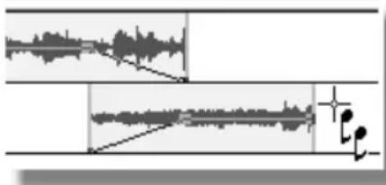 Audio waveform diagram showing two overlapping tracks with keyframes and a note symbol at the bottom right.